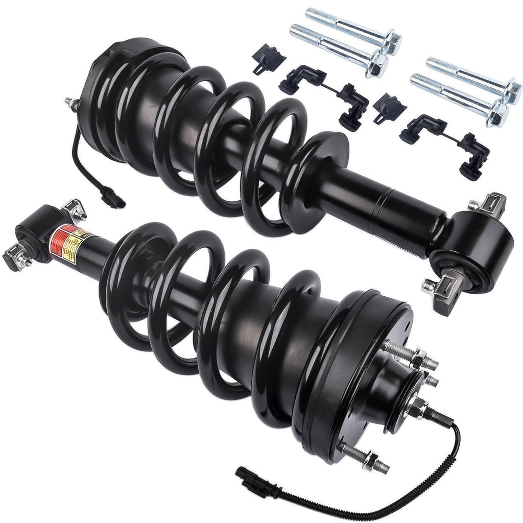 Pair of black front shock strut assemblies with coil springs and mounting hardware