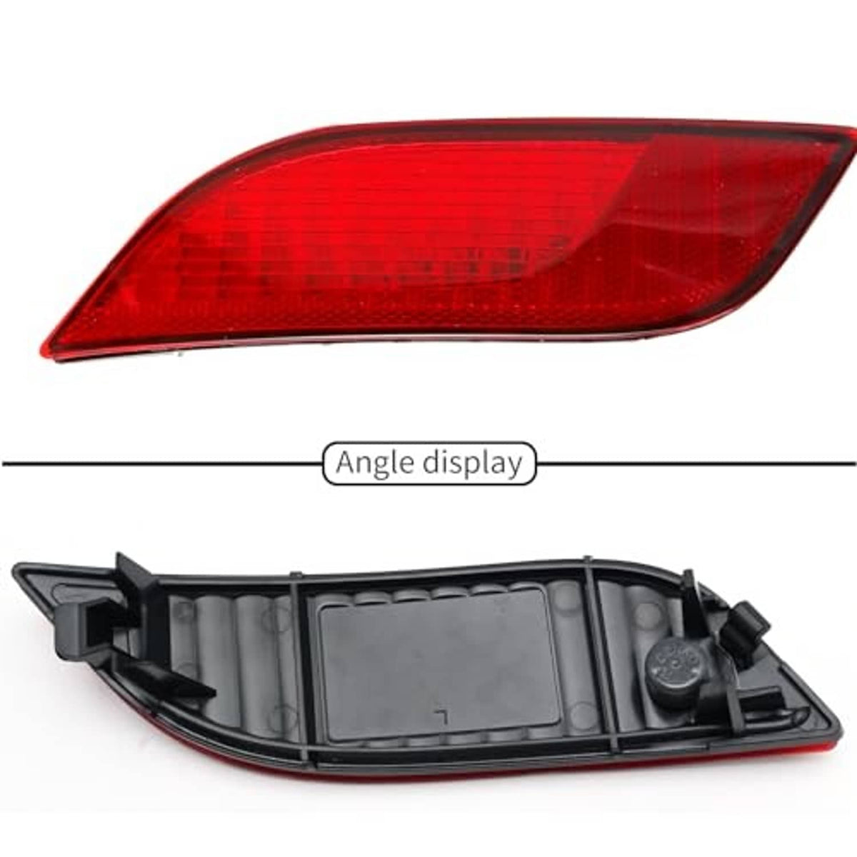 Red left rear bumper reflector light with backside housing and mounting clips visible