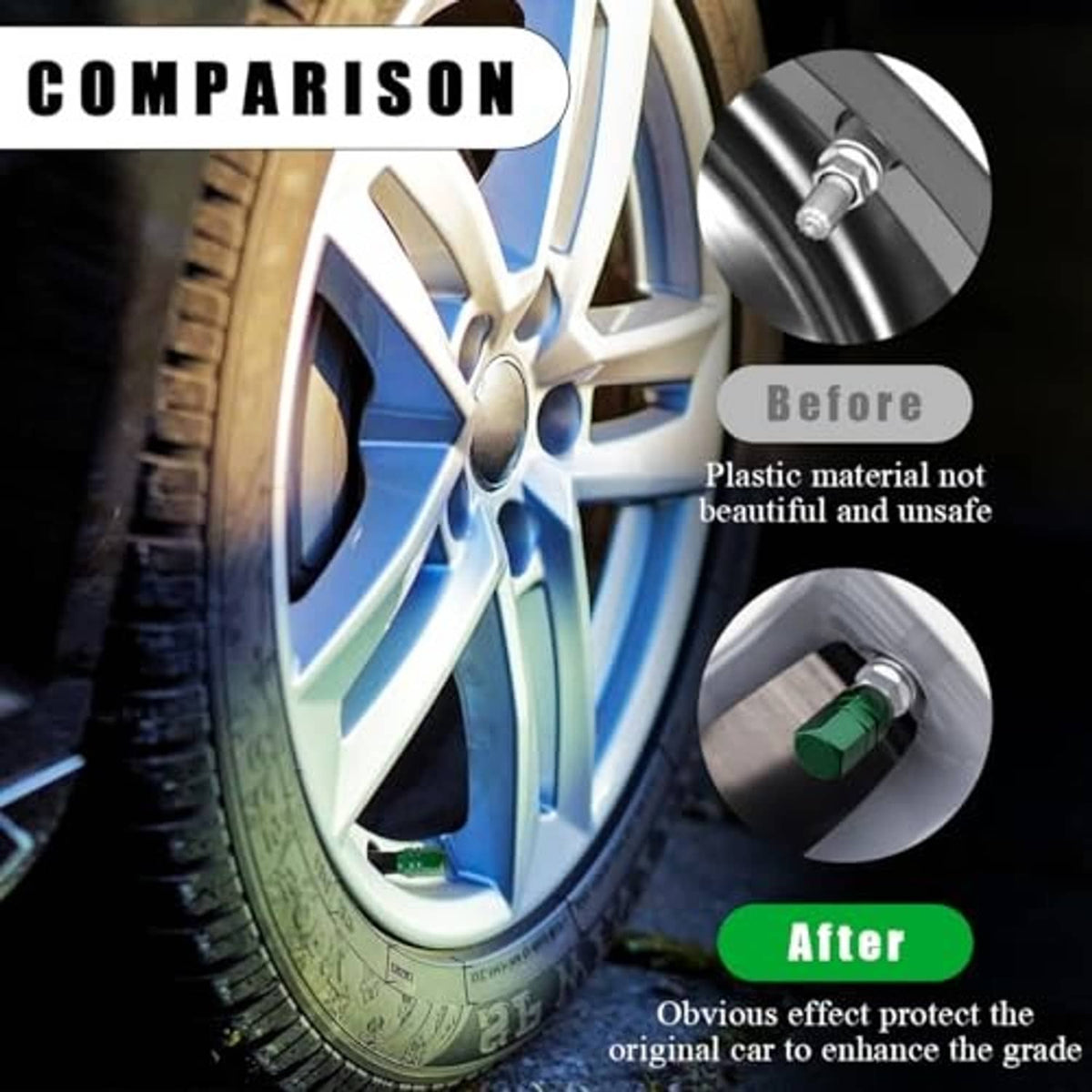 Car wheel close-up showing green valve cap detail in before/after comparison