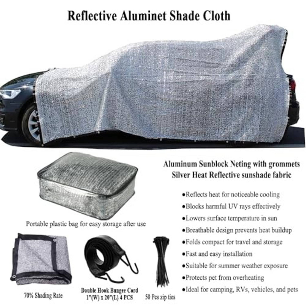 Reflective silver aluminet shade cloth with grommets and folded travel bag