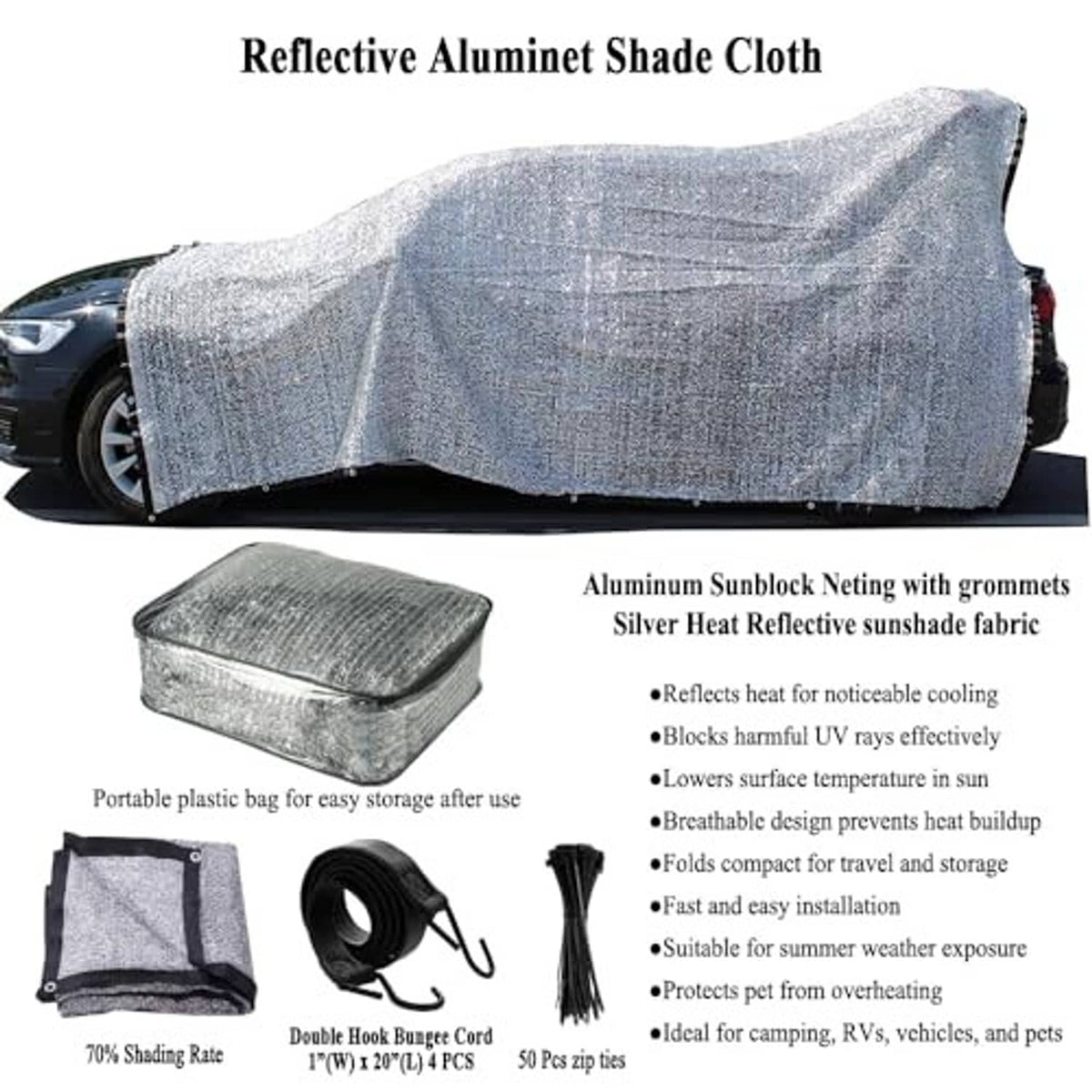 Reflective silver aluminet shade cloth with grommets and folded travel bag