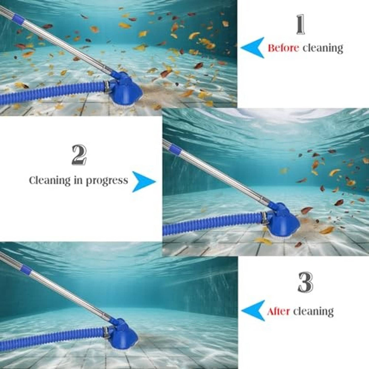 Pool vacuum cleaning set shown underwater with blue suction head on telescoping pole