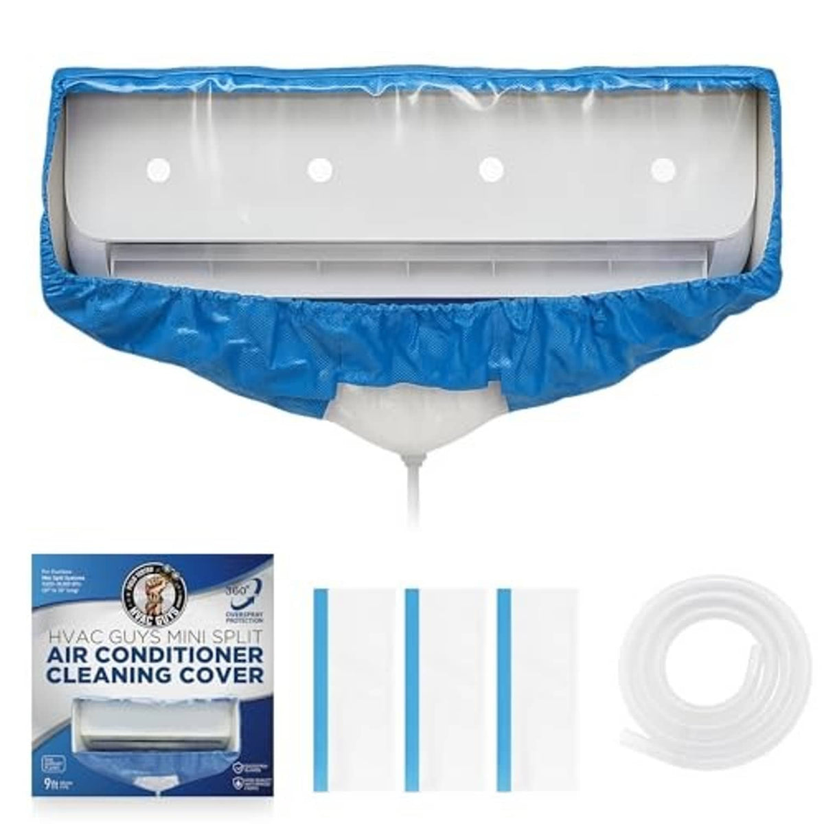 Blue waterproof mini-split cleaning cover bag for air conditioner, with drain spout