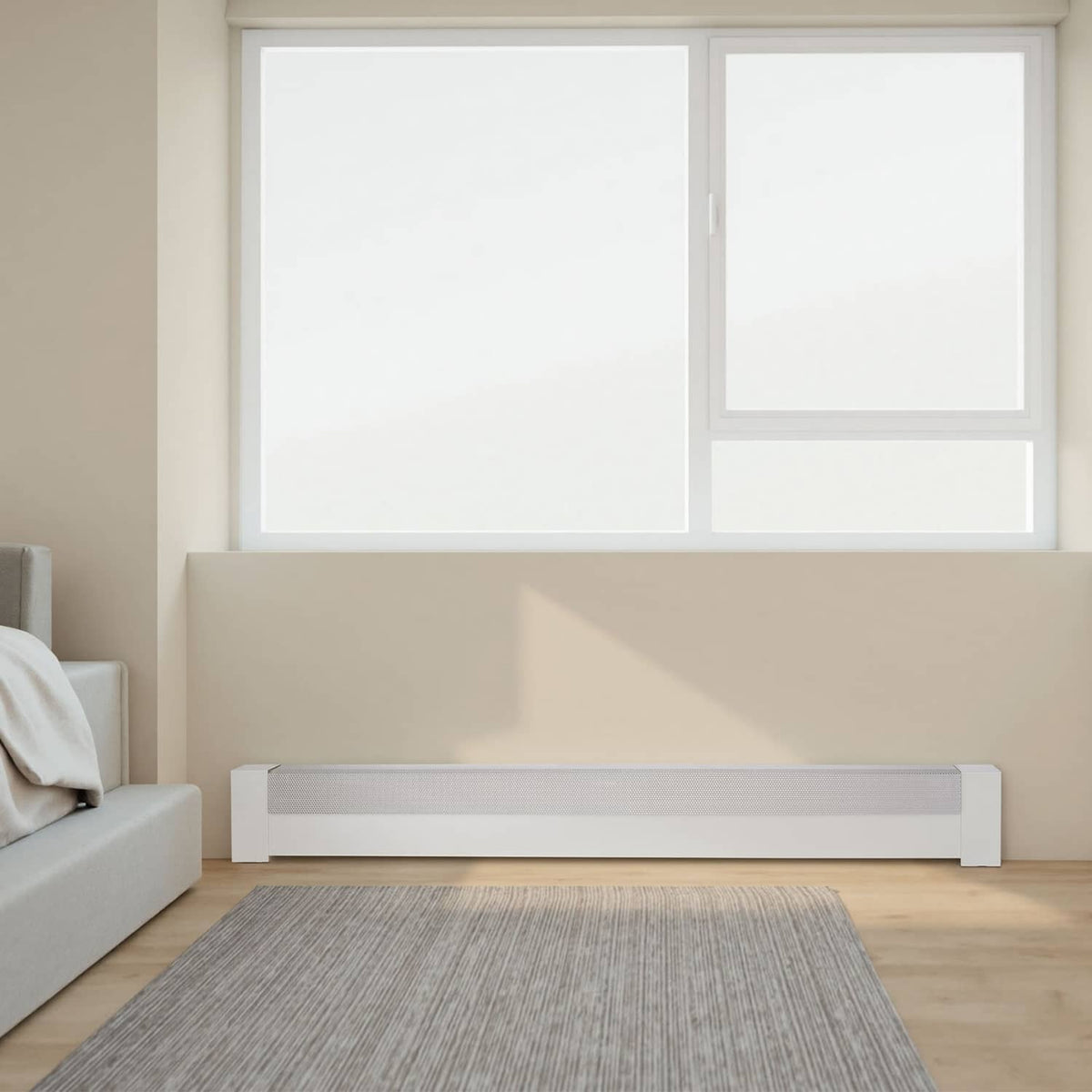 White baseboard heater cover mounted under a window with a vented front