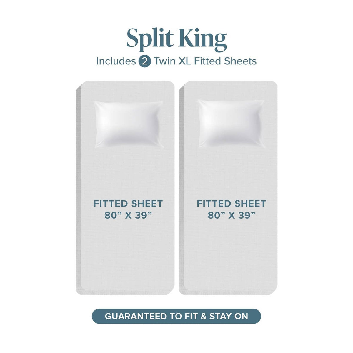 Two grey fitted sheets for a split king bed, with white pillowcase-style corners