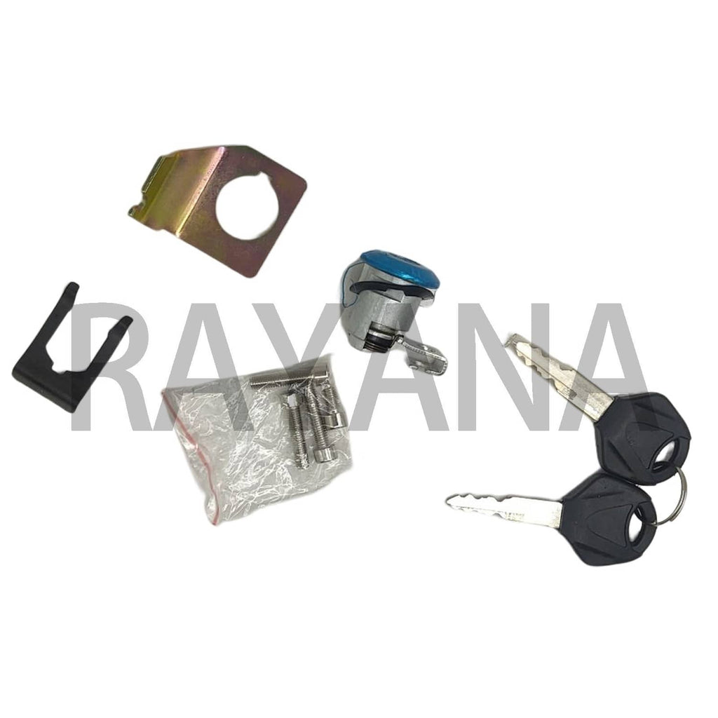 Fuel cap lock cylinder with keys and mounting plate, plus small hardware and screws