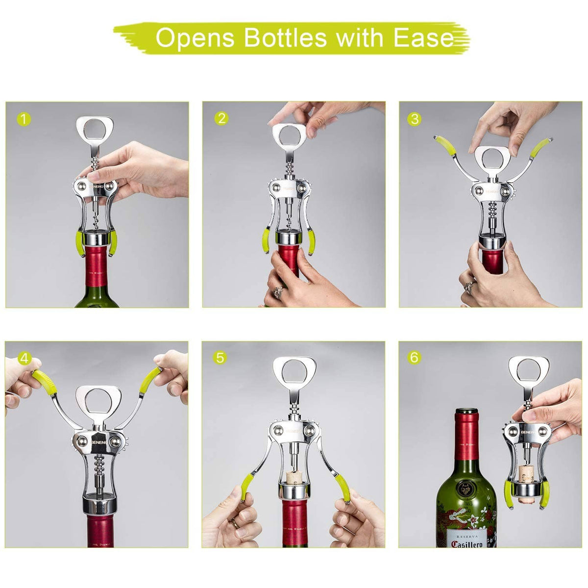 Wing corkscrew bottle opener with green handles and chrome body in use steps