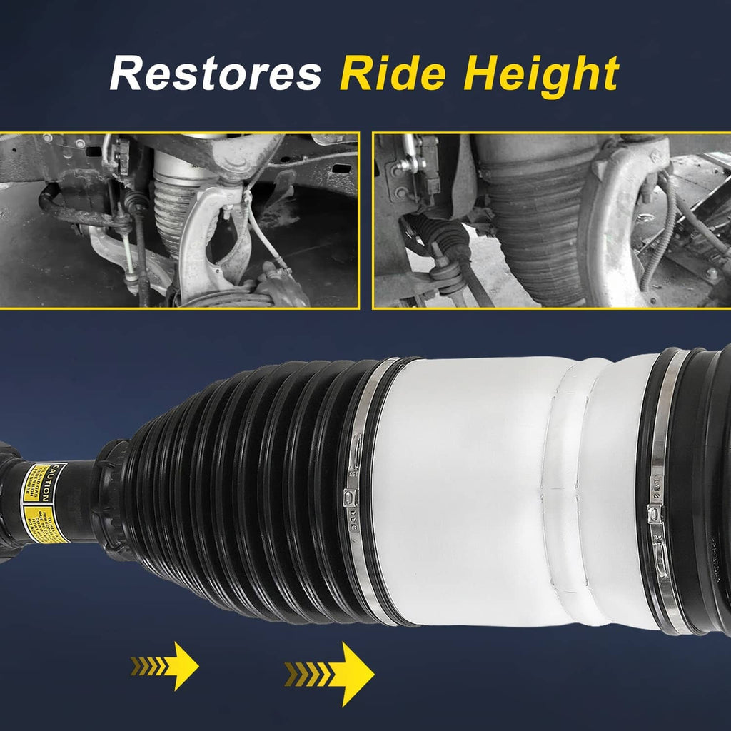 Air suspension strut with white sleeve and black bellows, close-up side view with banding