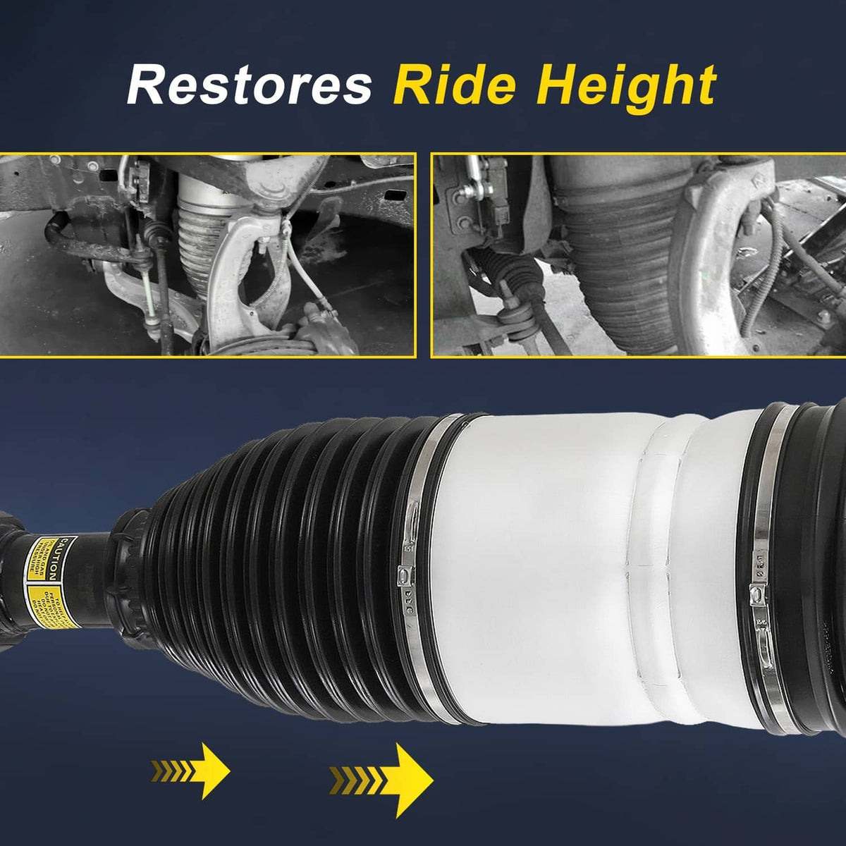 Air suspension strut with white sleeve and black bellows, close-up side view with banding