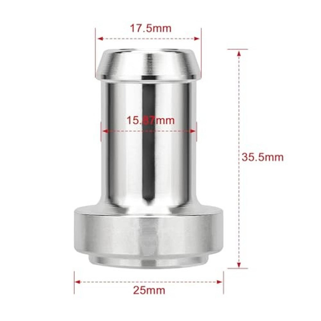 5/8 in hose barb weld fitting dimensions shown: 25mm width, 35.5mm height