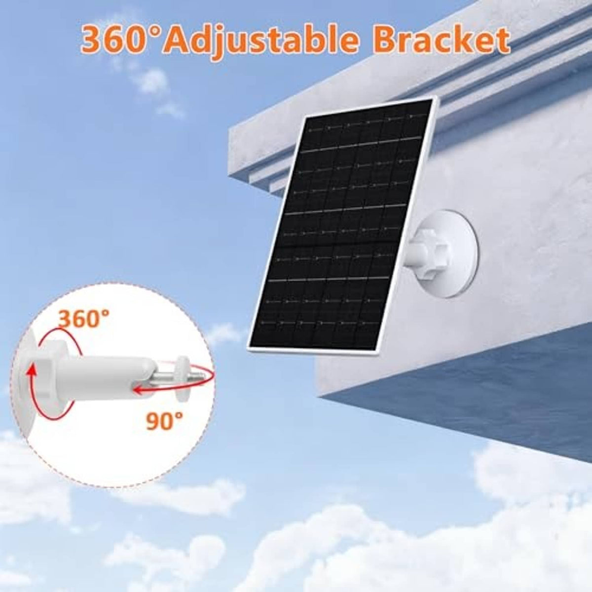 Solar panel with white 360° adjustable wall bracket and black panel