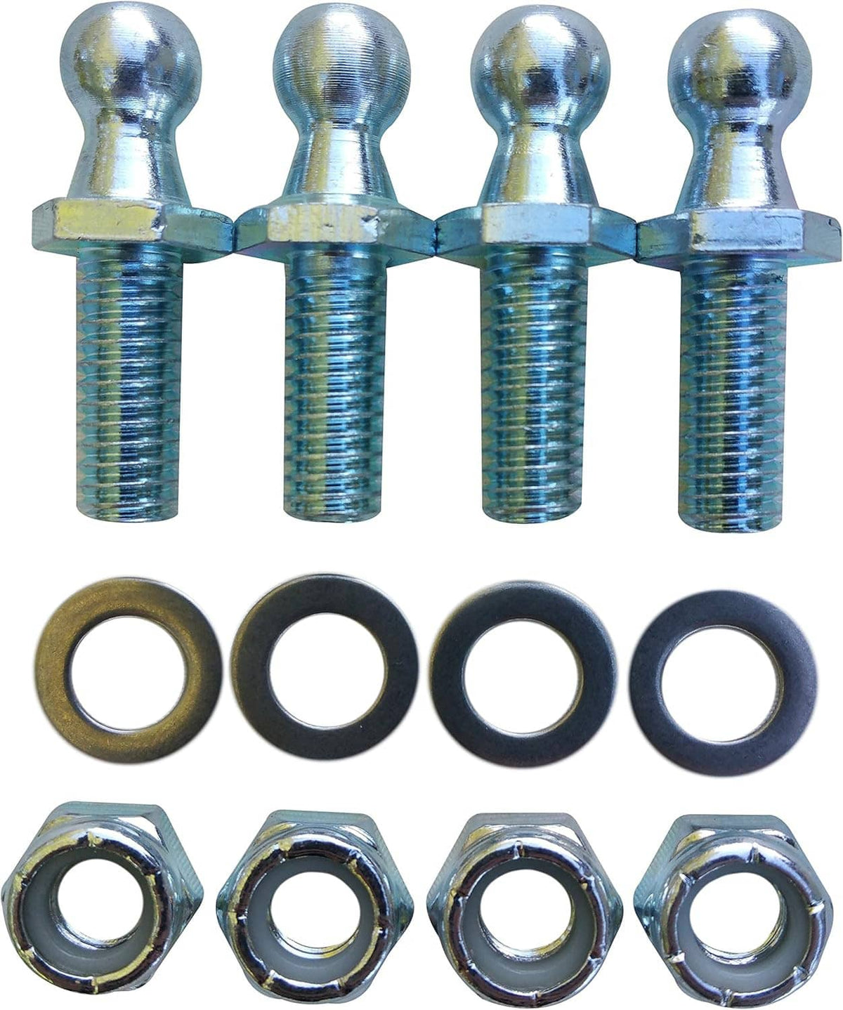 Zinc ball stud bolts with washers and hex nuts, four-piece threaded set