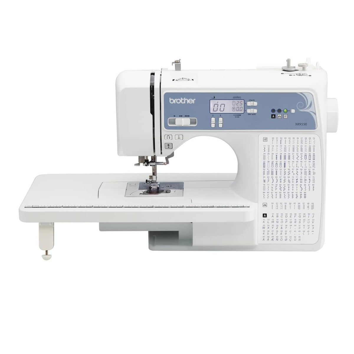 White computerized sewing and quilting machine with LCD control panel and presser foot.