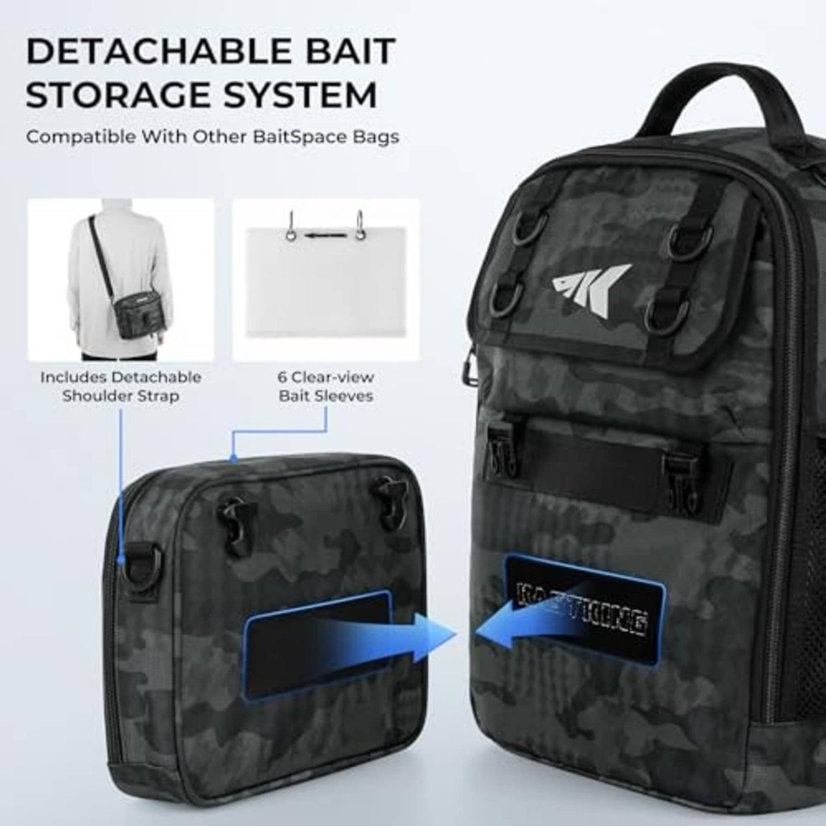 Black camo fishing bag with detachable bait storage pouch and clear sleeve