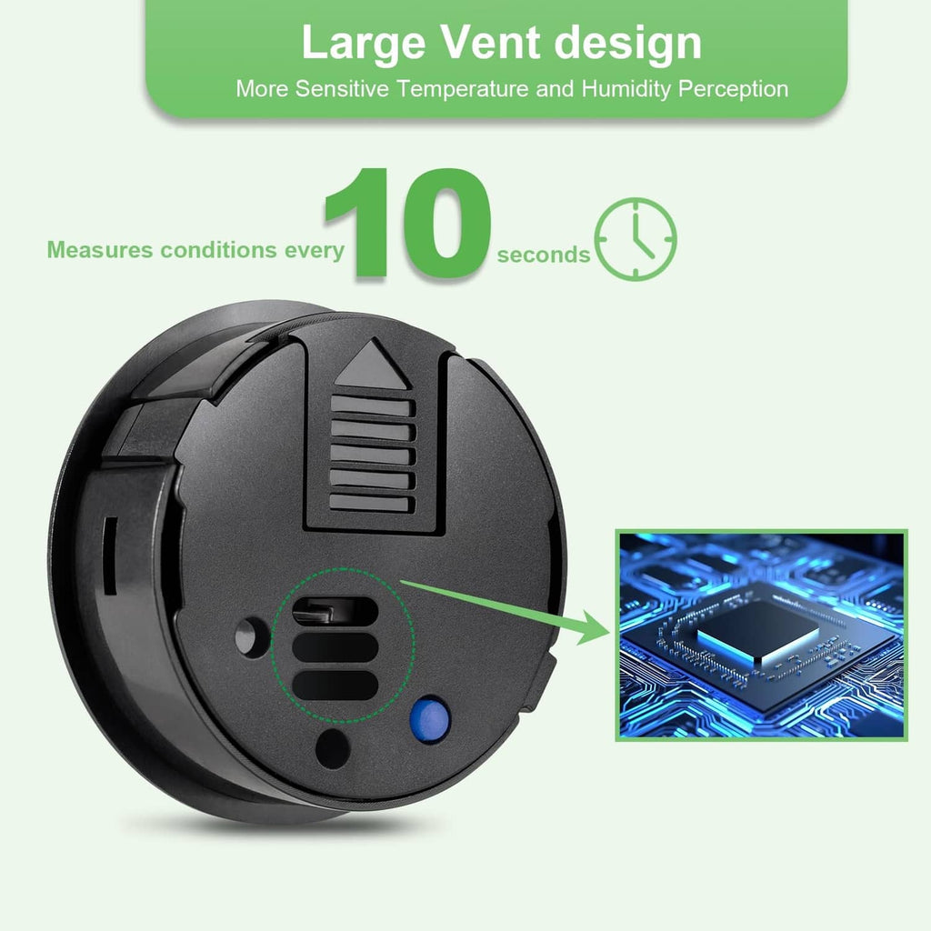 Mini round hygrometer with vented back and blue button, black housing with digital screen