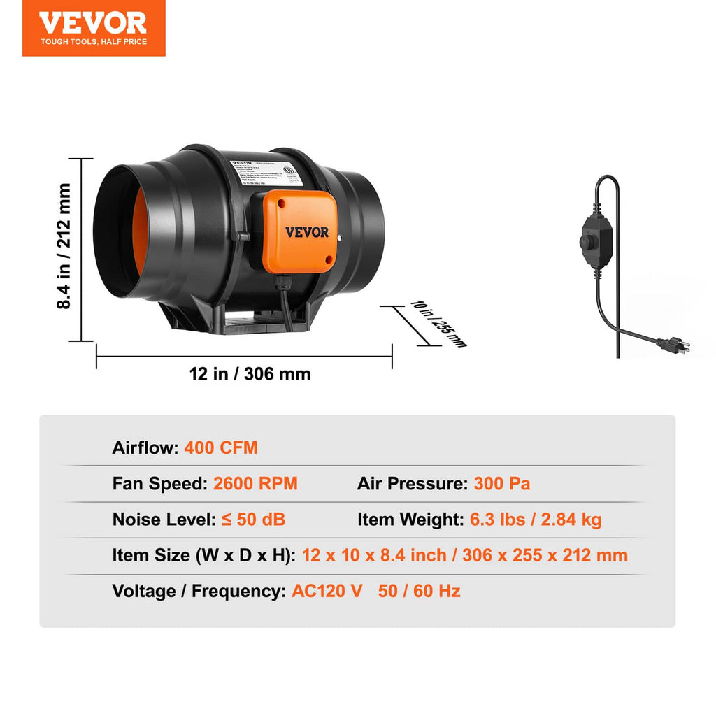 Inline duct fan blower with black housing, orange VEVOR label, and power cord