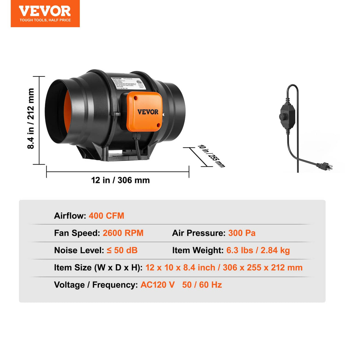 Inline duct fan blower with black housing, orange VEVOR label, and power cord