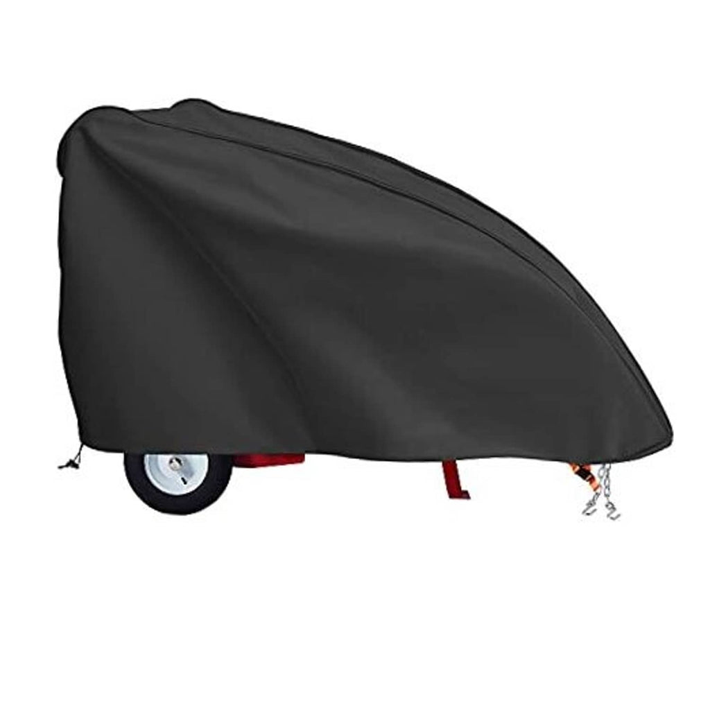 Black log splitter cover with zippered edge and tie-down straps, fitted over the unit