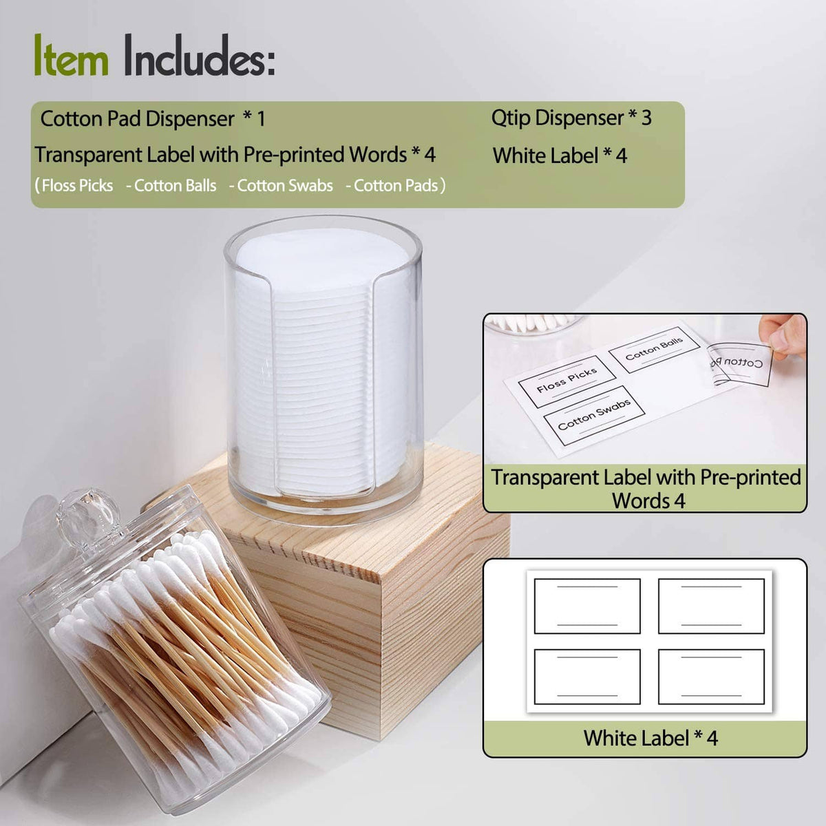 Cylindrical clear acrylic cotton pad and Qtip dispenser with transparent label panels