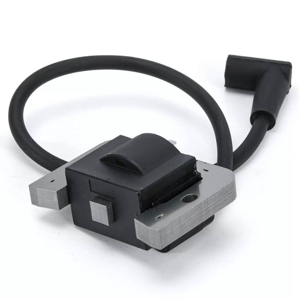 Ignition module with black coil and cable, gray mounting base with vented side blocks