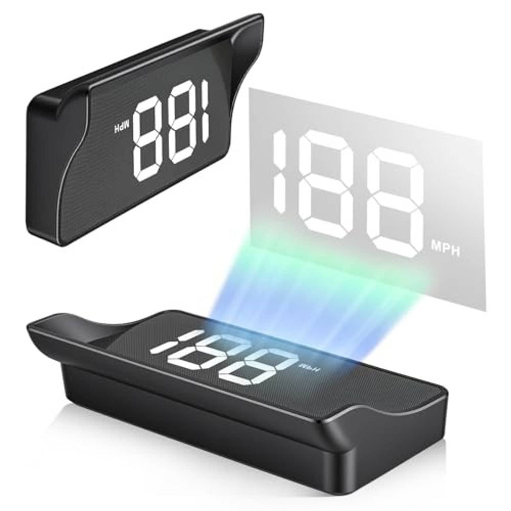 Black car head-up display unit with LED digits and mph speed projection