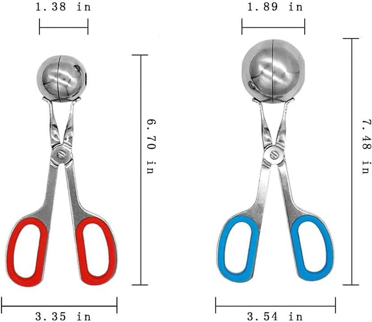 Pair of stainless meatball maker scoops with red and blue non-slip handle grips.