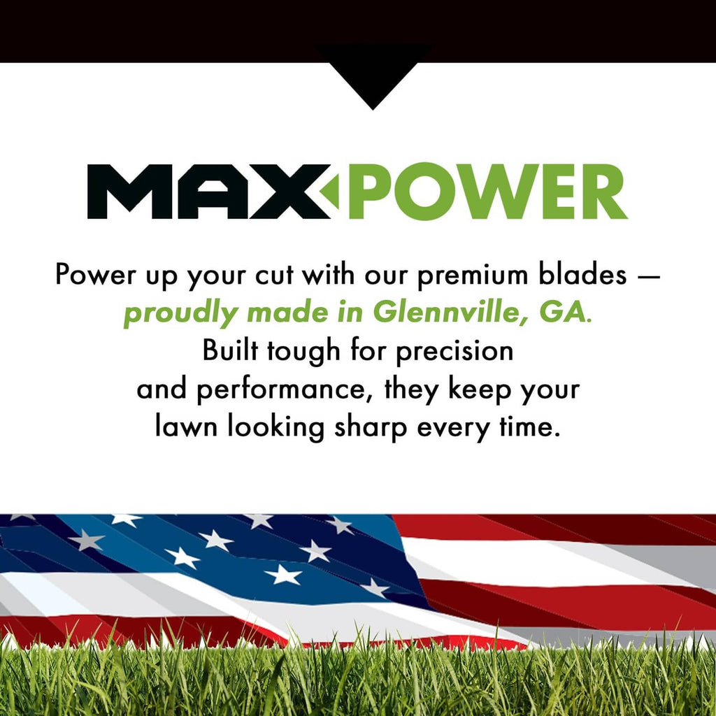 MaxPower lawn care promo graphic with US flag and grass
