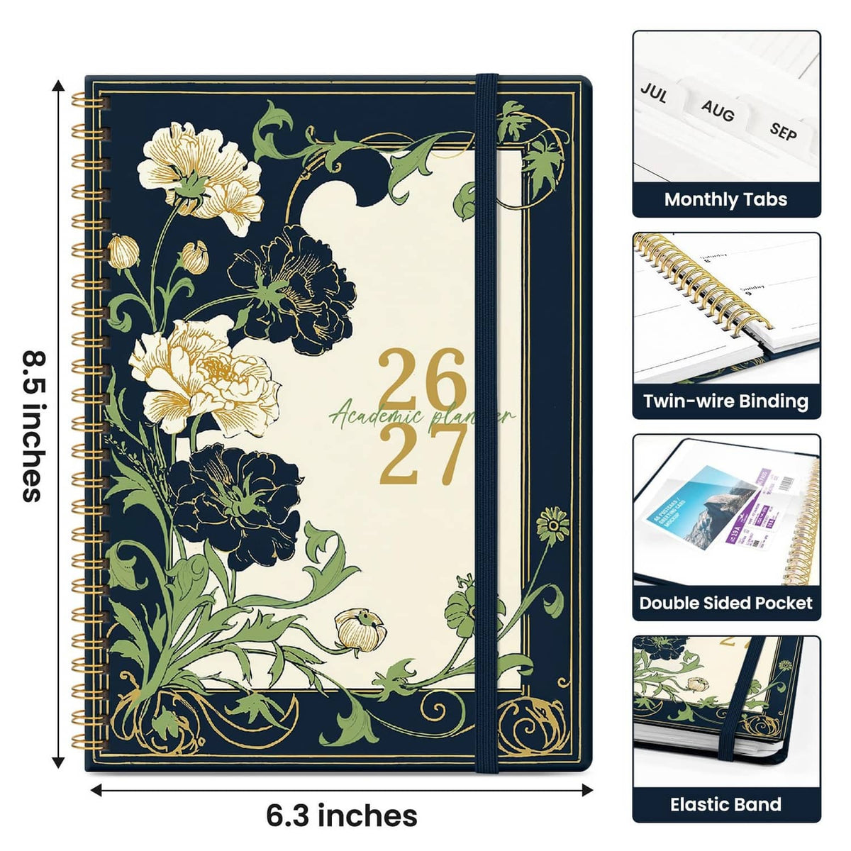 6.3 x 8.5 in academic planner with navy floral cover and elastic band
