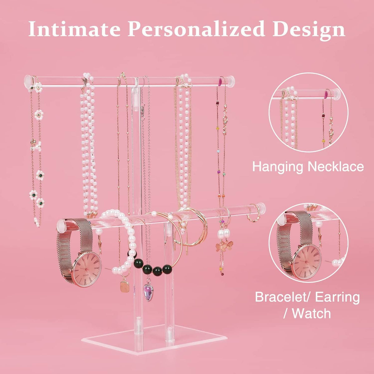 Clear acrylic jewelry display stand with hanging necklace and bracelet rods