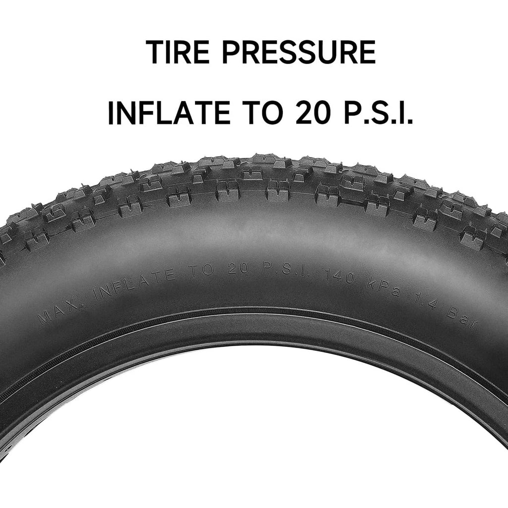 Black fat bike tire sidewall close-up with molded safety and spec details