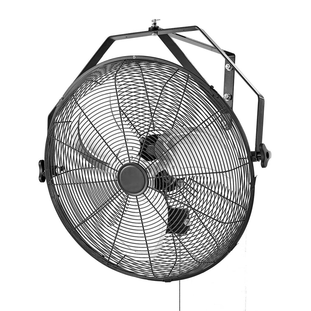 Industrial wall-mount fan with round wire grille and metal mounting bracket