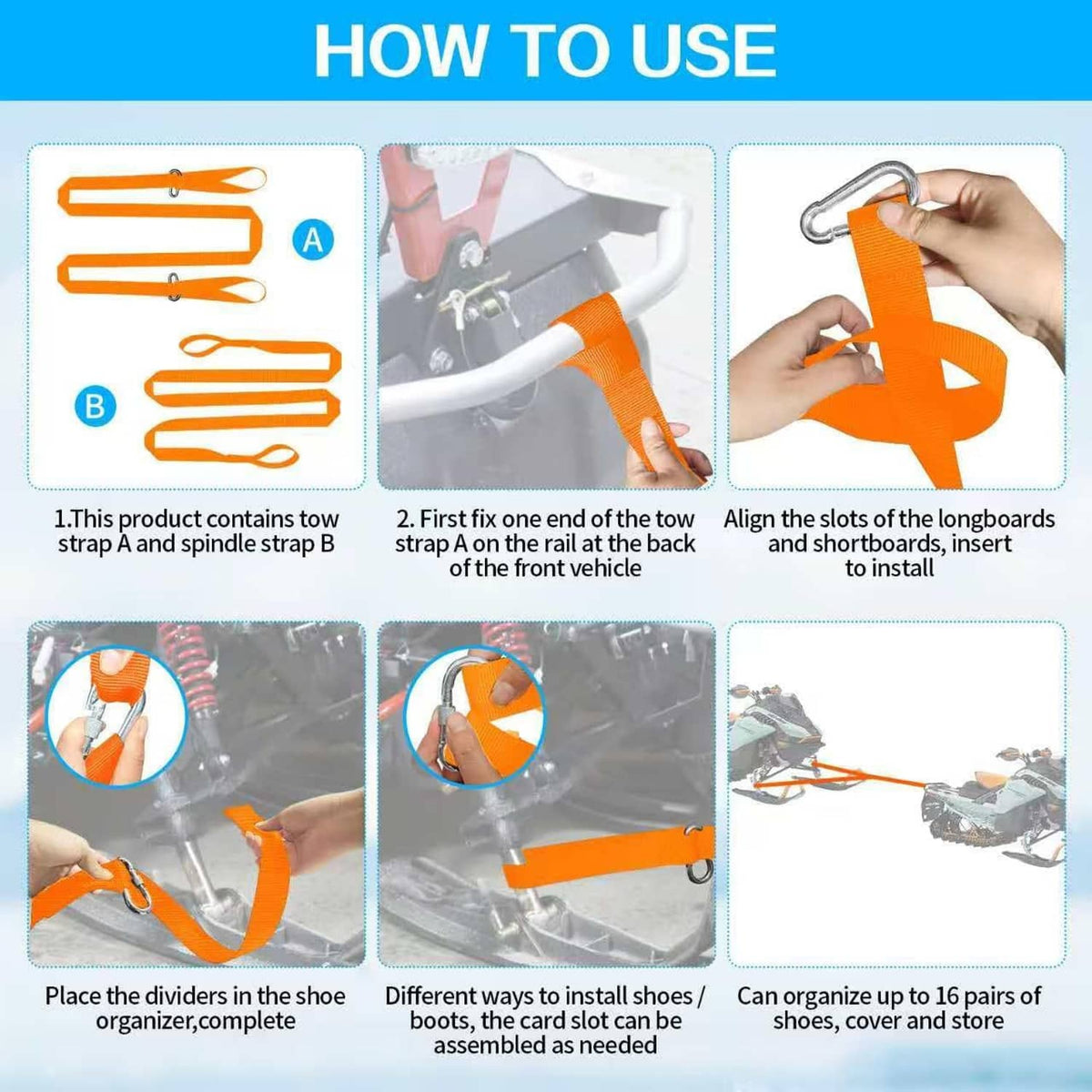 Orange tow strap kit with carabiners, shown in setup steps for snowmobile towing