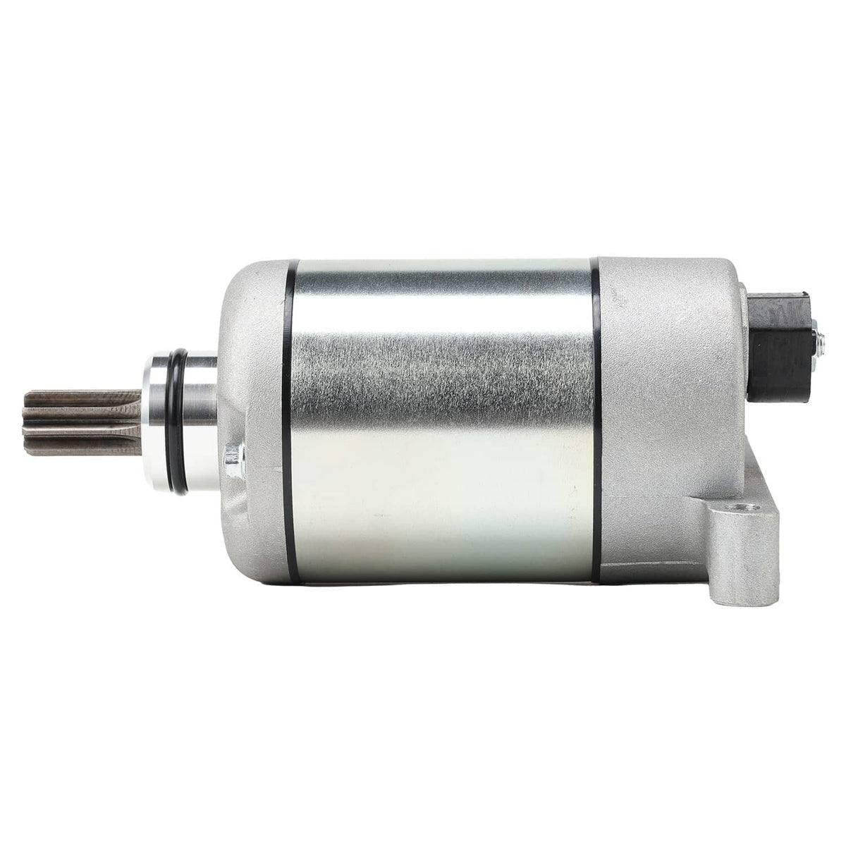Starter motor assembly three-quarter view with cylindrical body and side mount
