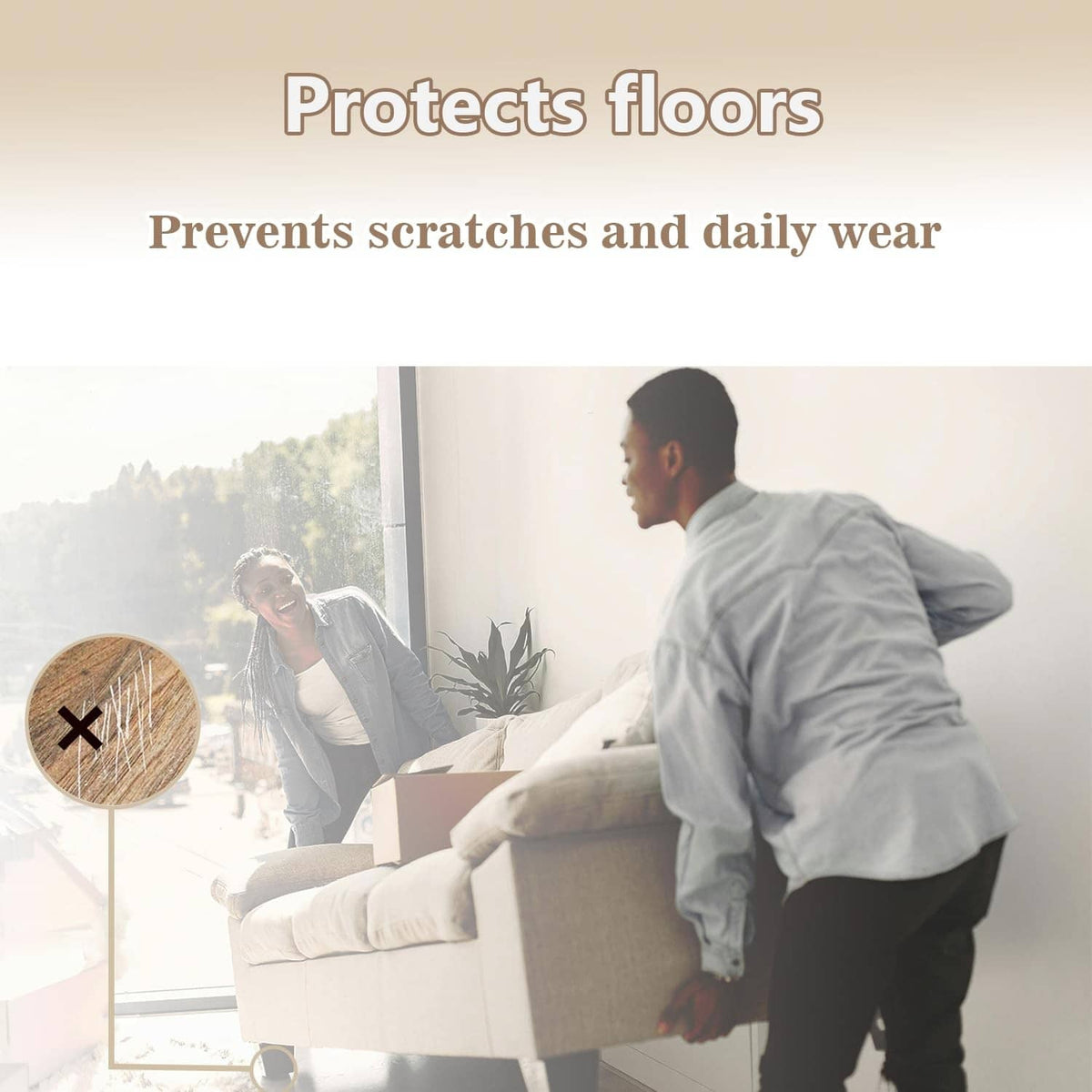 Felt pads under a sofa on hardwood floors for scratch protection