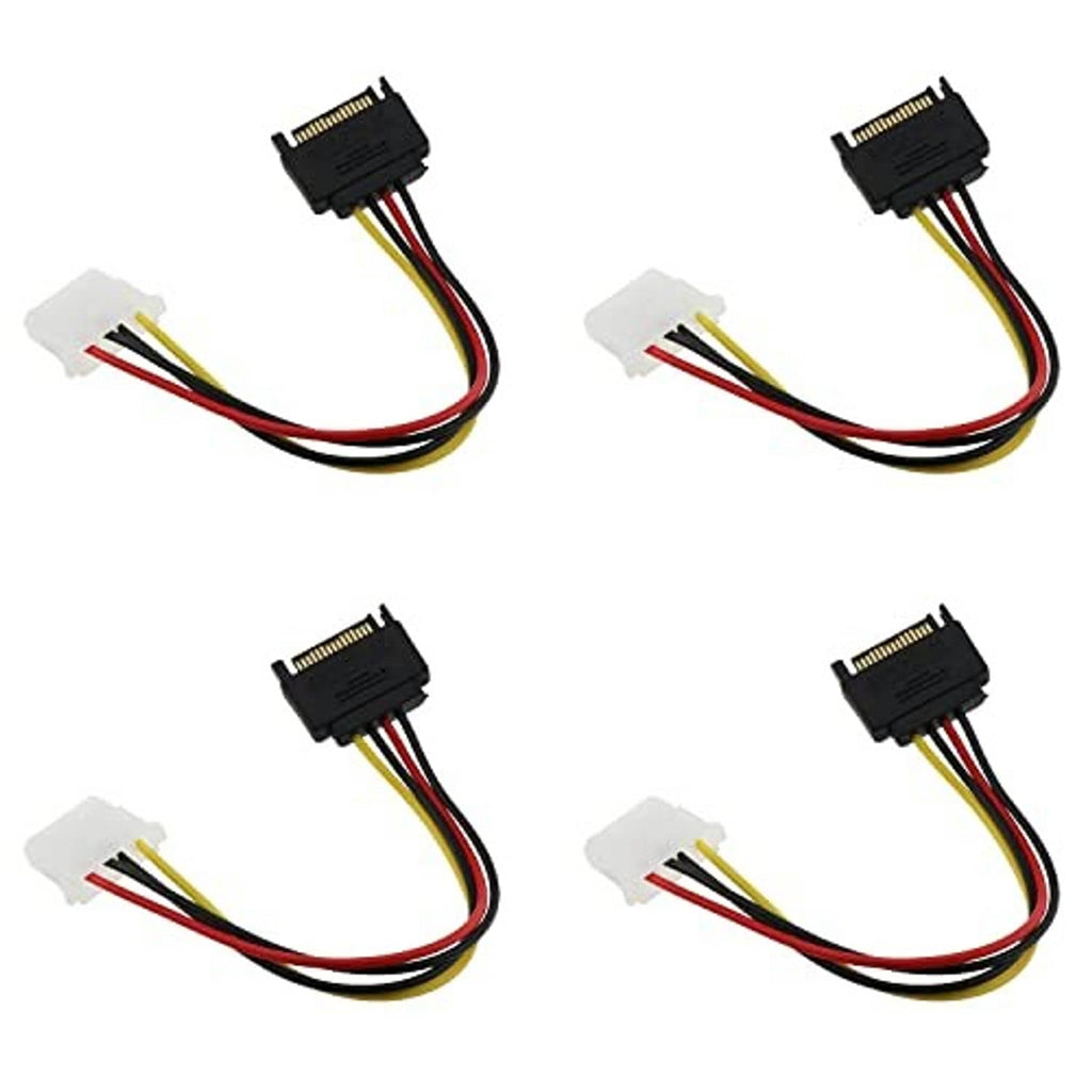 Four-piece SATA 15-pin to 4-pin Molex adapter cables, black and white connectors with colored wires