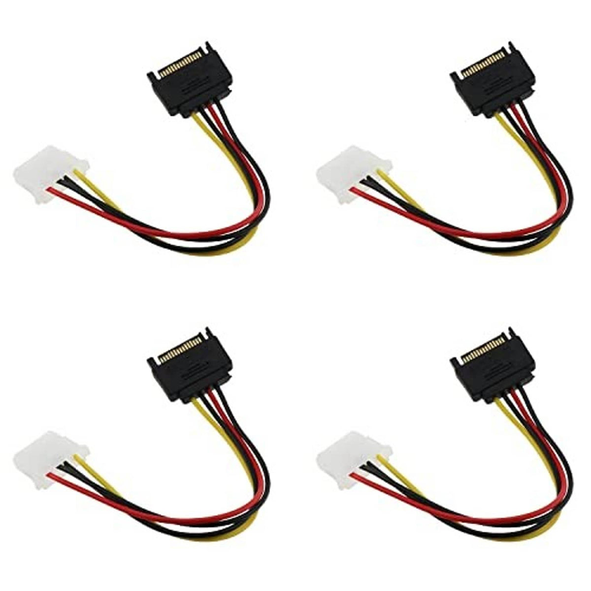 Four-piece SATA 15-pin to 4-pin Molex adapter cables, black and white connectors with colored wires