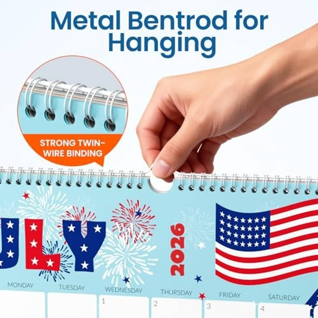Spiral-bound wall calendar with metal eyelets and wire binding for hanging