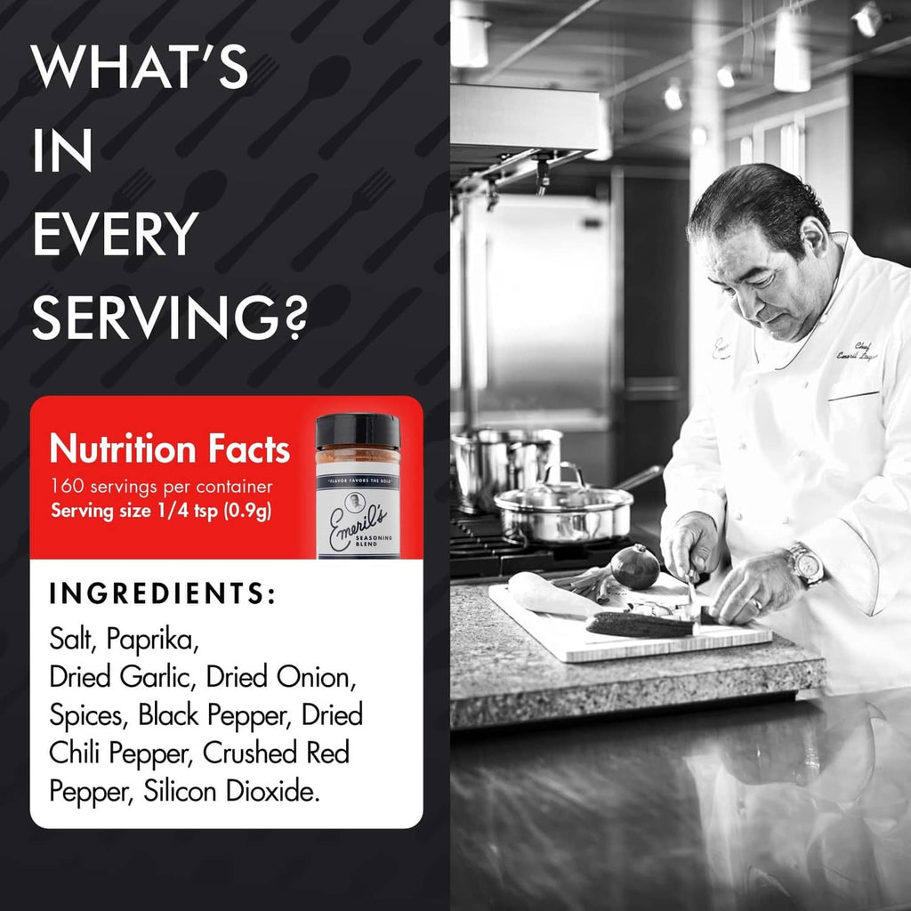 Chef with a serving area; Emeril's seasoning jar shown near a Nutrition Facts graphic