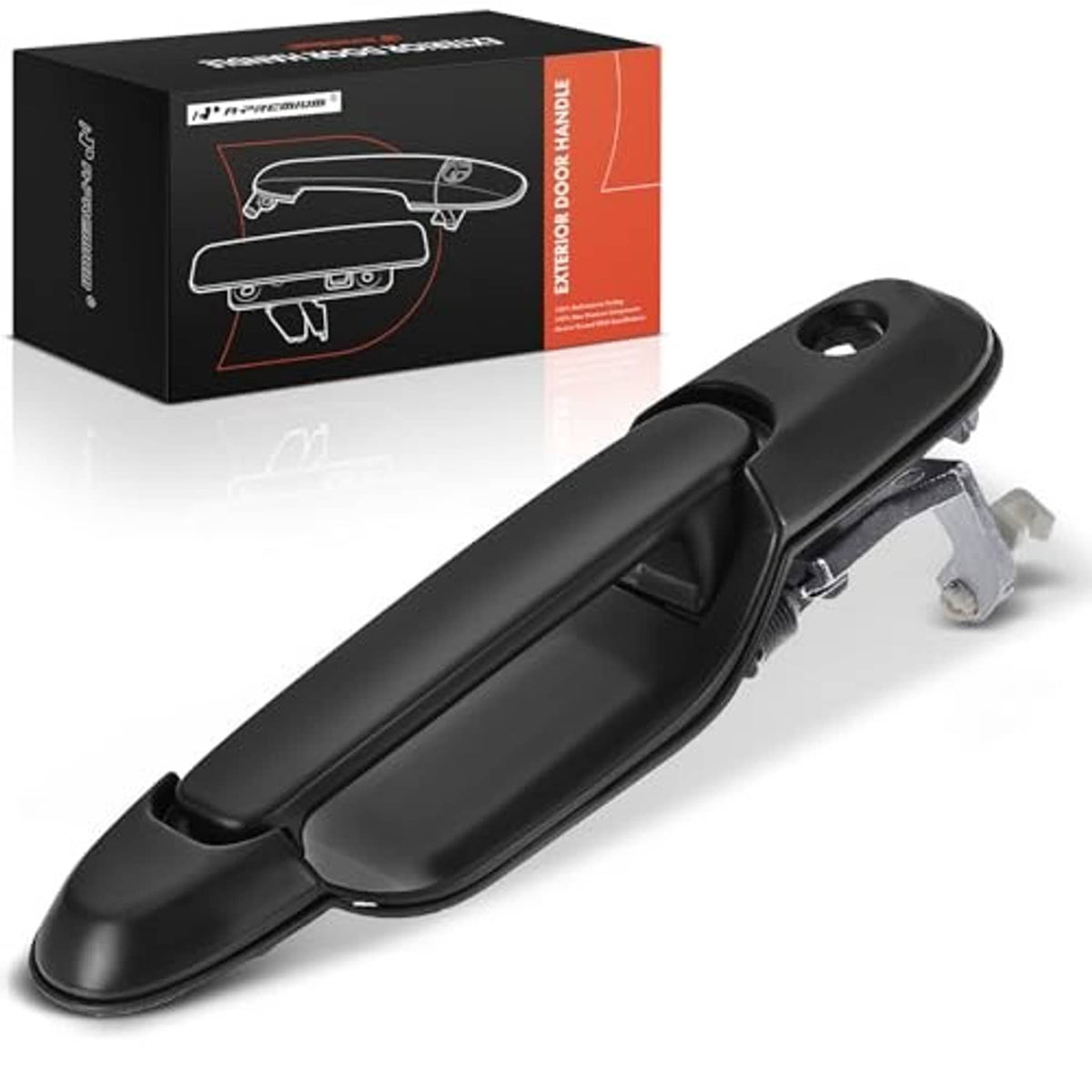 Front right exterior door handle, smooth black finish, front-side view with bracket