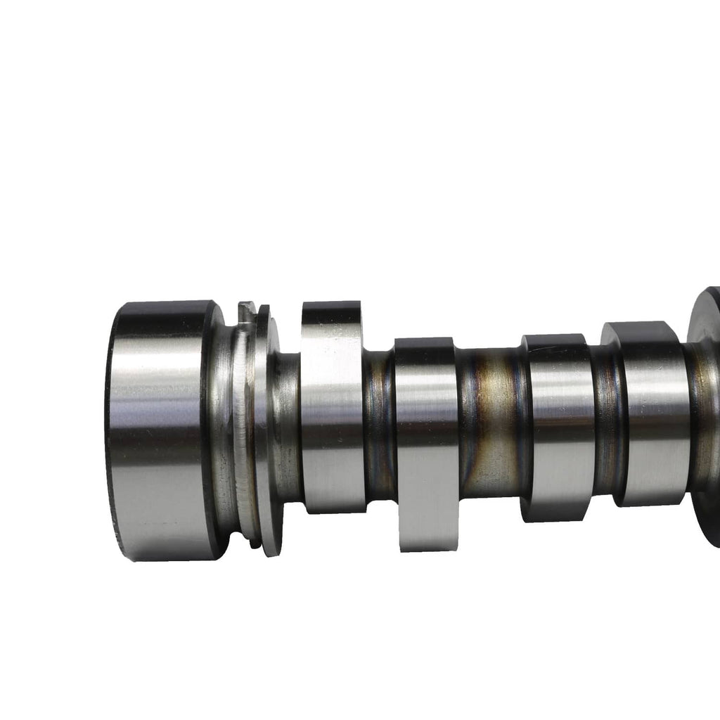Camshaft side view with multiple lobes, silver bearing rings and dark journal sections