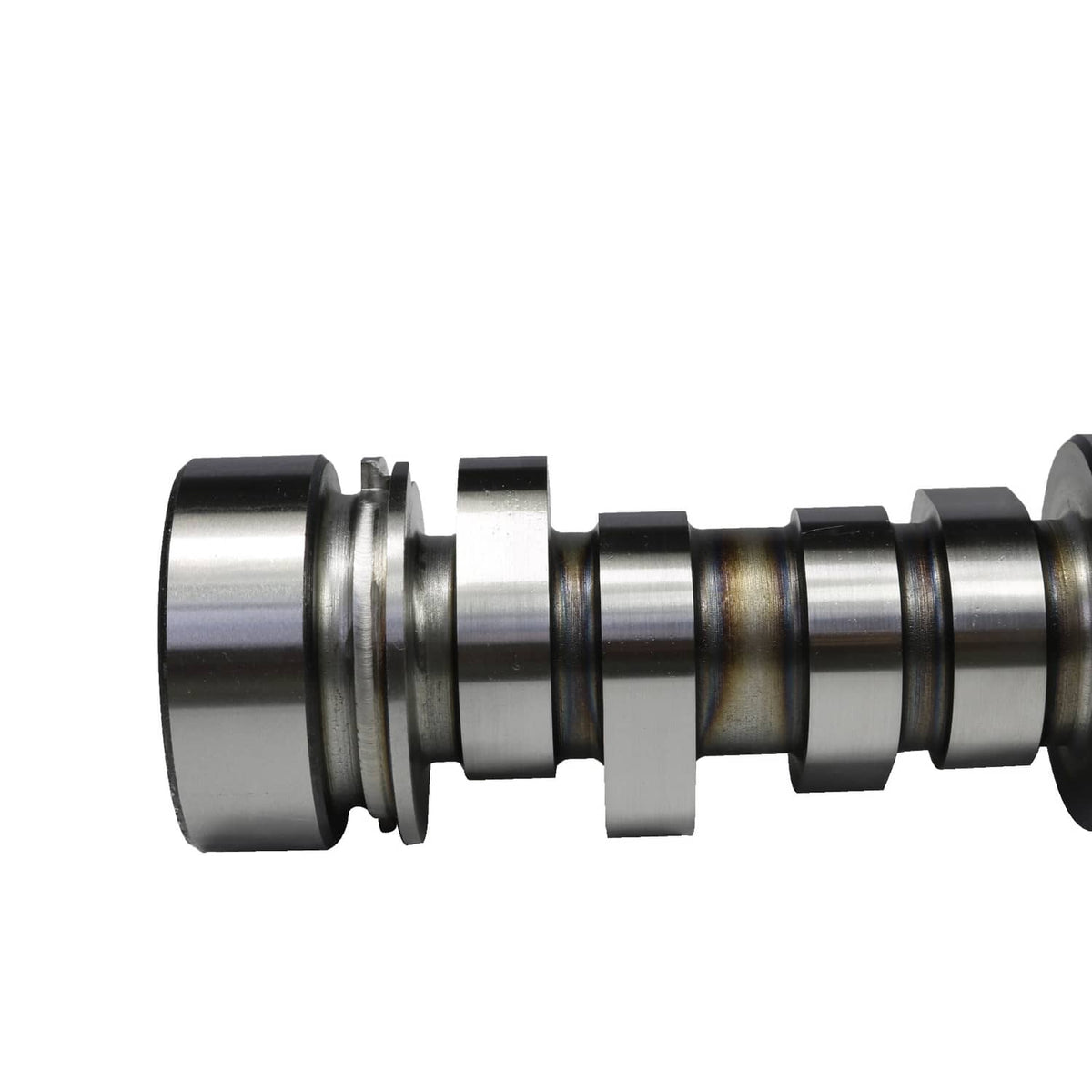 Camshaft side view with multiple lobes, silver bearing rings and dark journal sections