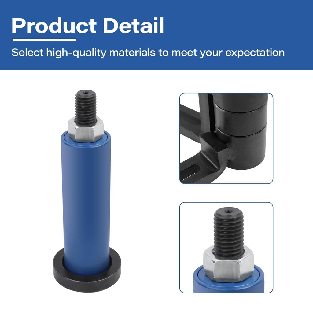 Product detail: blue sleeve and threaded crankshaft installer post with black clamp