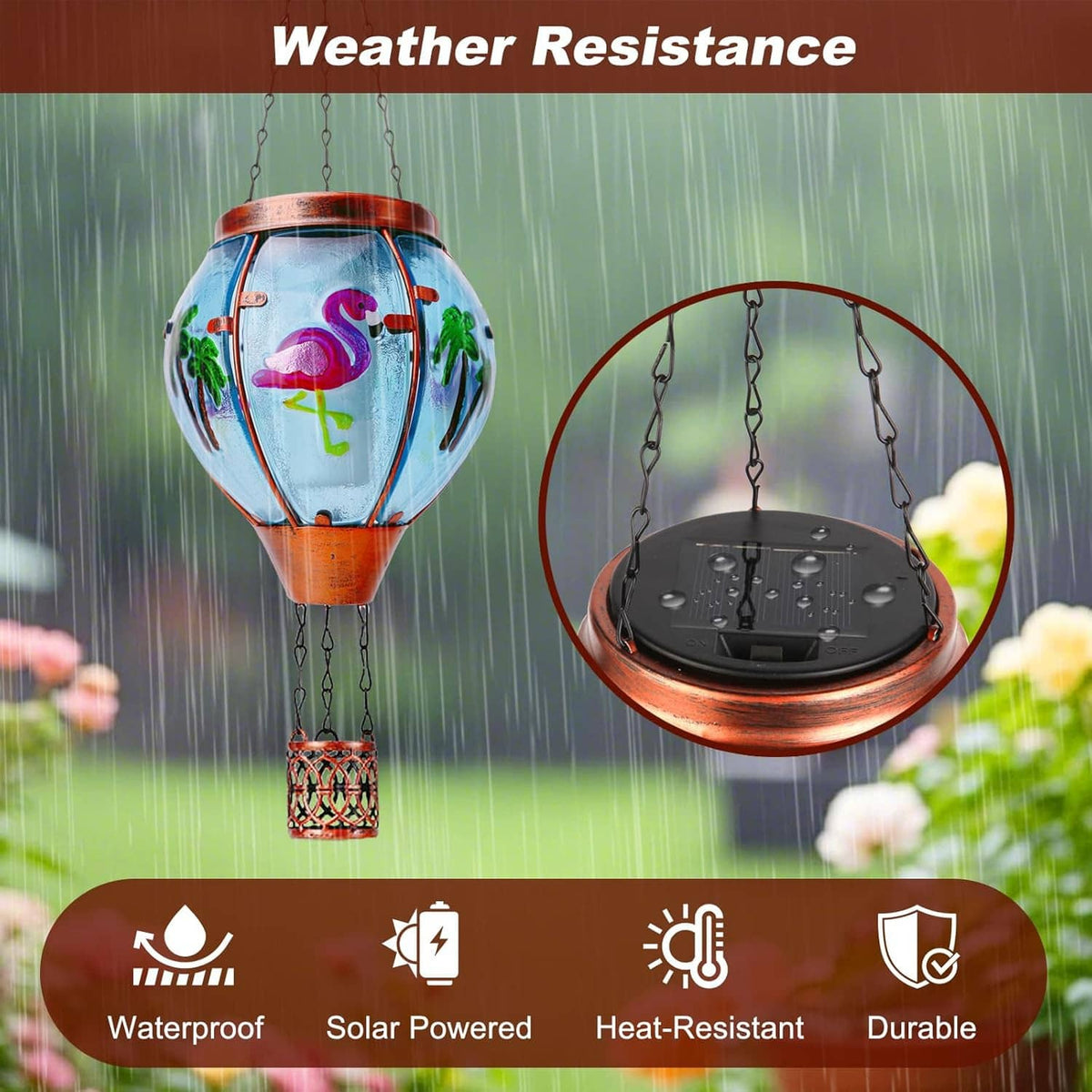 Flamingo solar lantern with blue glass globe and red metal basket, shown in rain