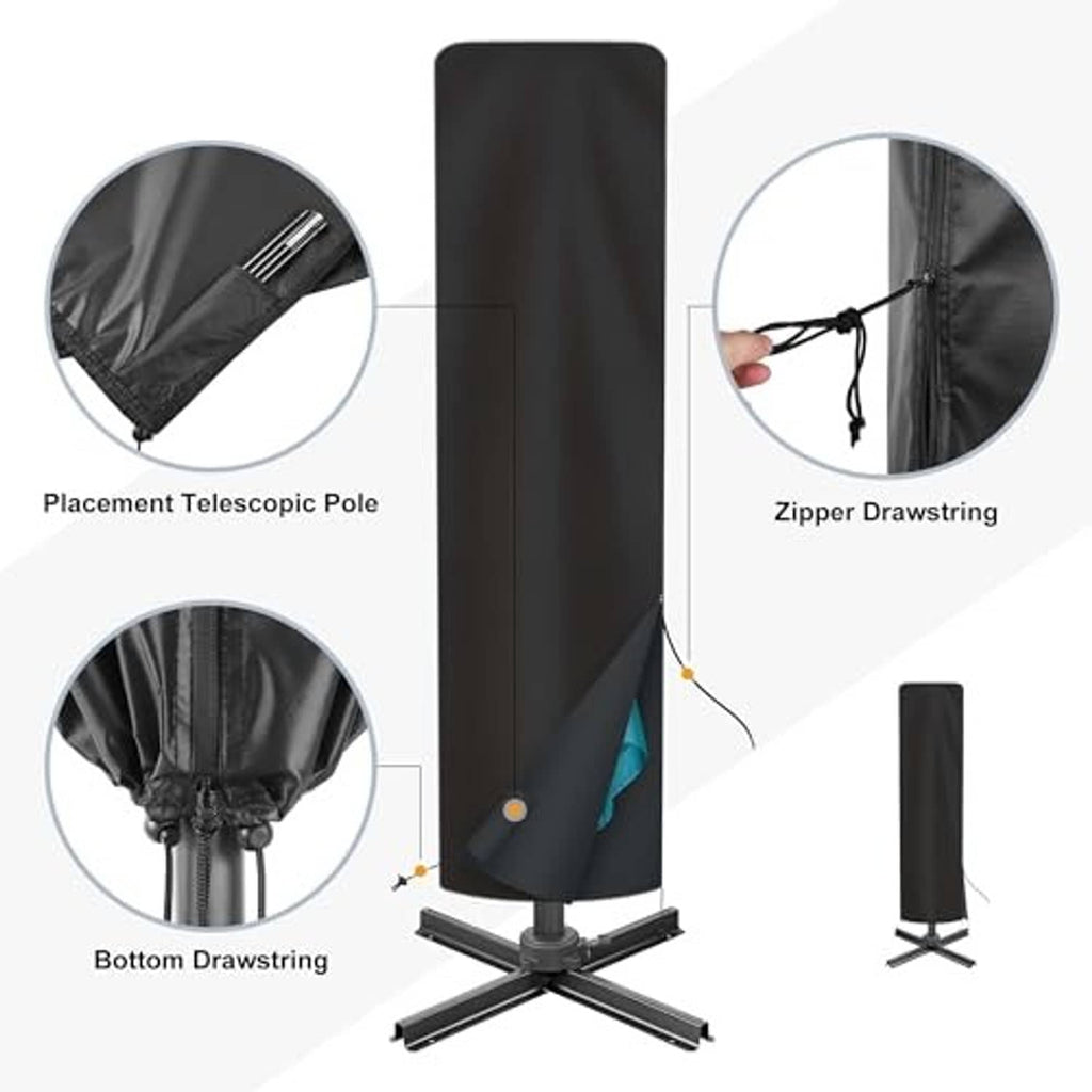 Black umbrella cover with zipper drawstring and bottom drawstring for snug fit