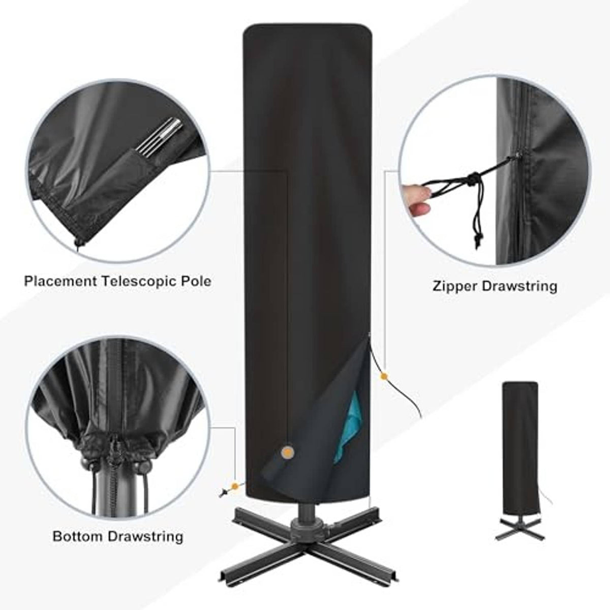 Black umbrella cover with zipper drawstring and bottom drawstring for snug fit