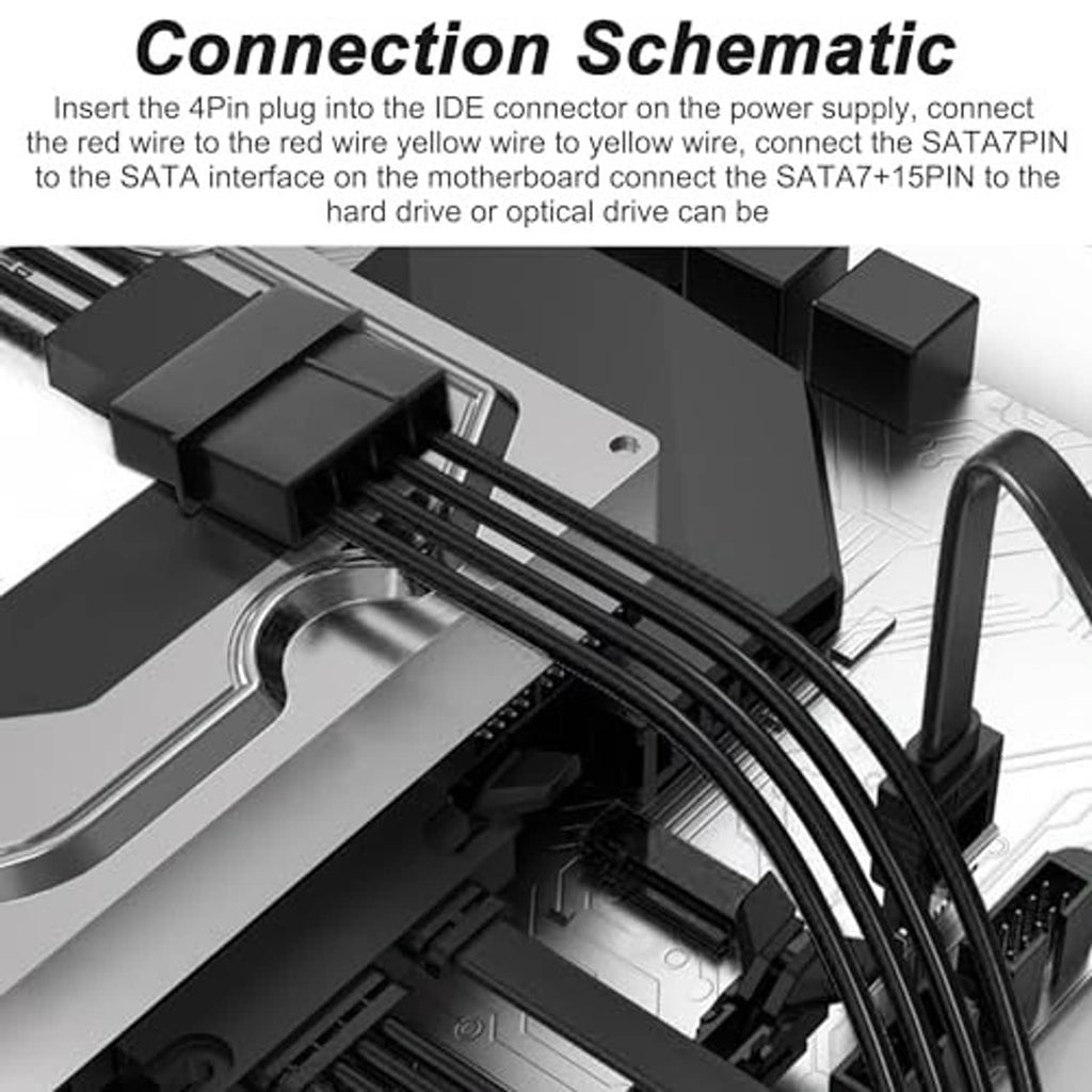 Connection schematic for IDE 4-pin plug to SATA power interface via splitter