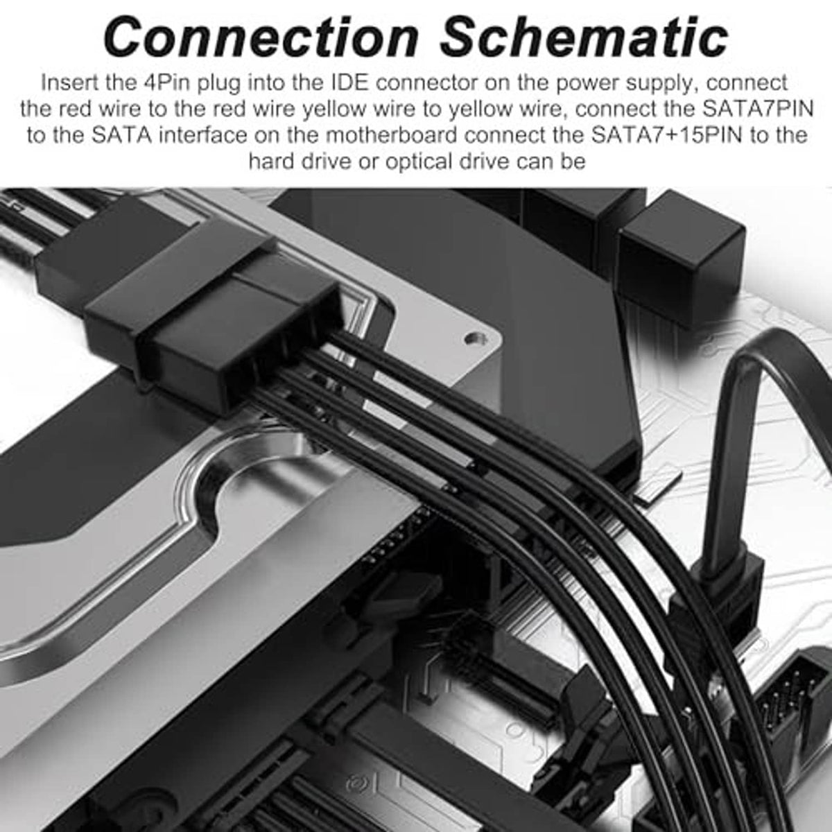 Connection schematic for IDE 4-pin plug to SATA power interface via splitter