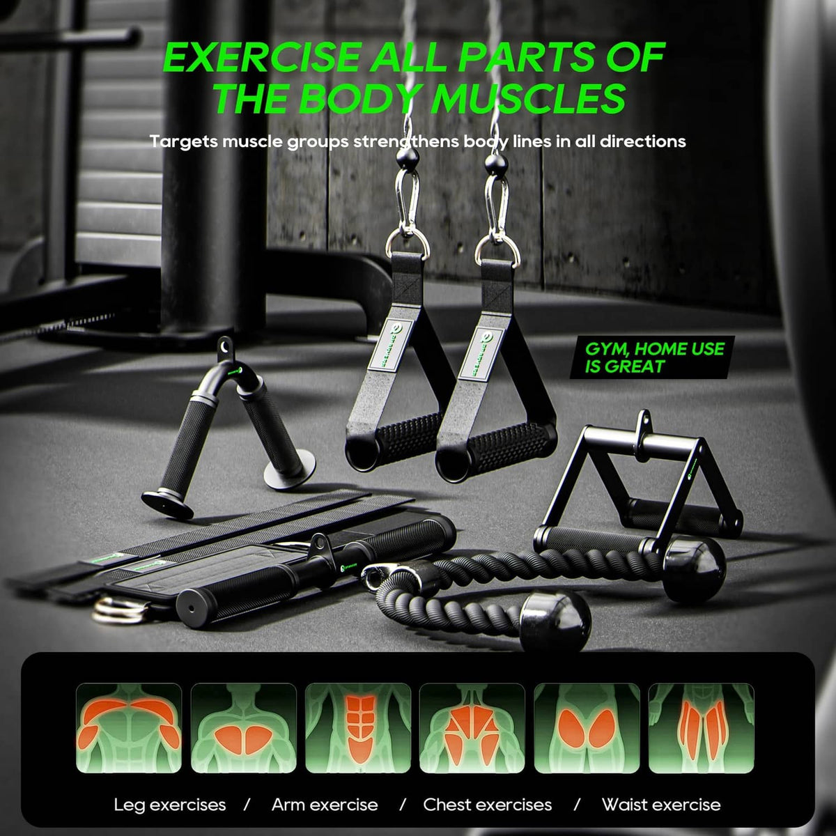 Cable machine attachment set with strap handles, bars, and rope accessories