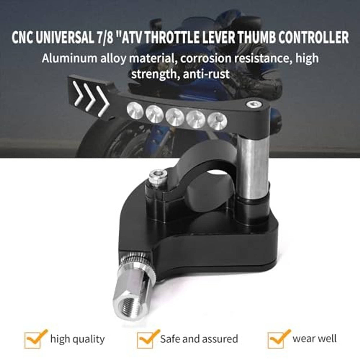 Black universal ATV throttle thumb controller with chrome button row and arrow lever