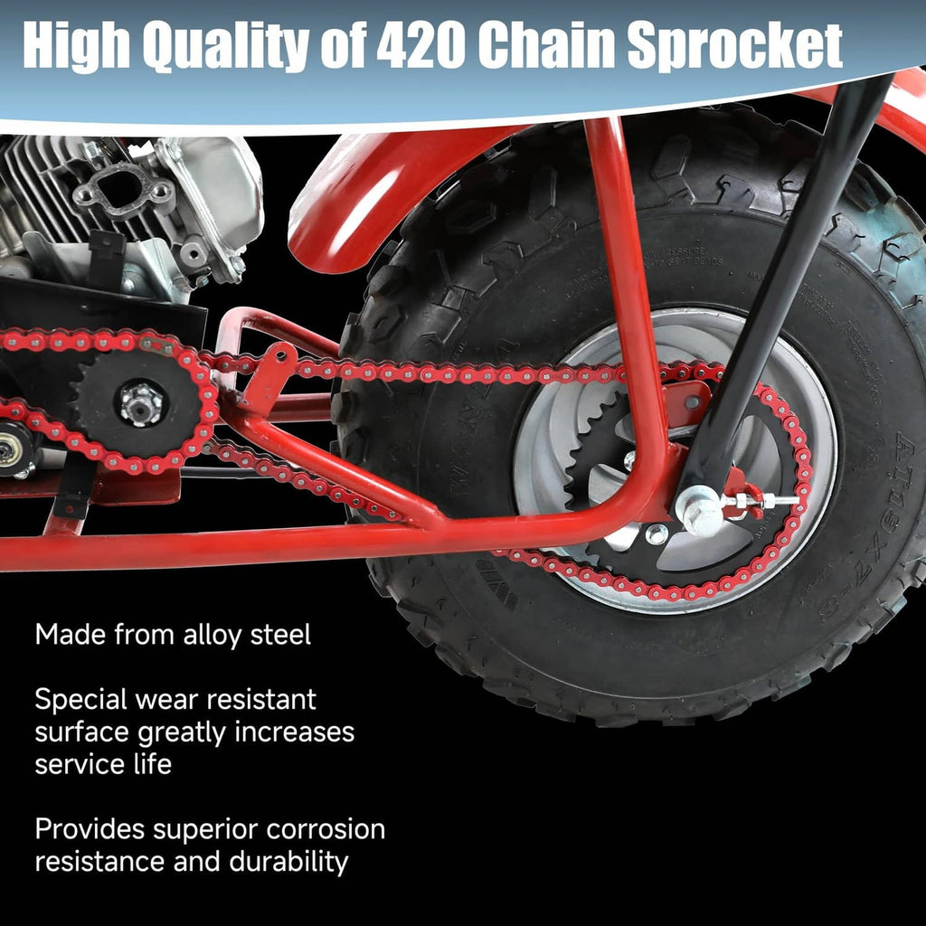 Red 420 mini bike chain on sprocket and rear wheel assembly, visible link plates